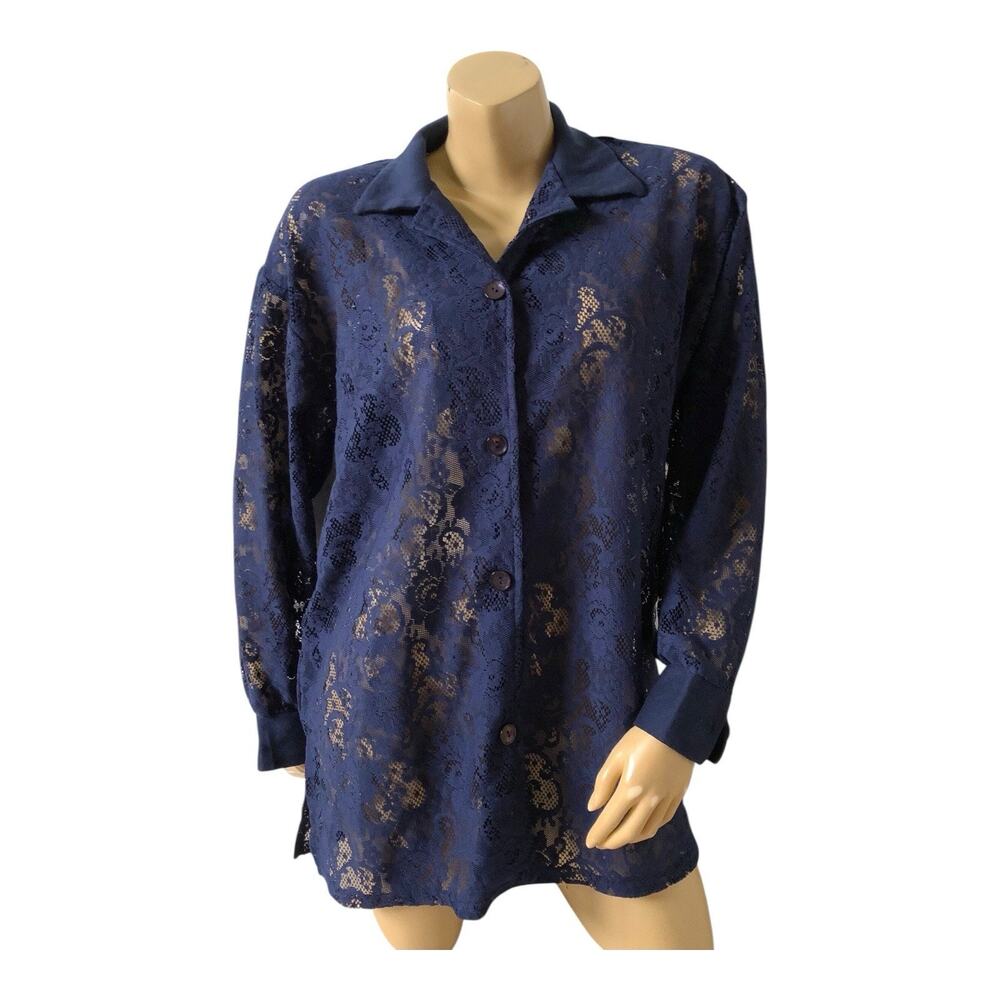 Fashion Formulas Vintage Button Front Shirt Womens M Navy Floral Lace Collared